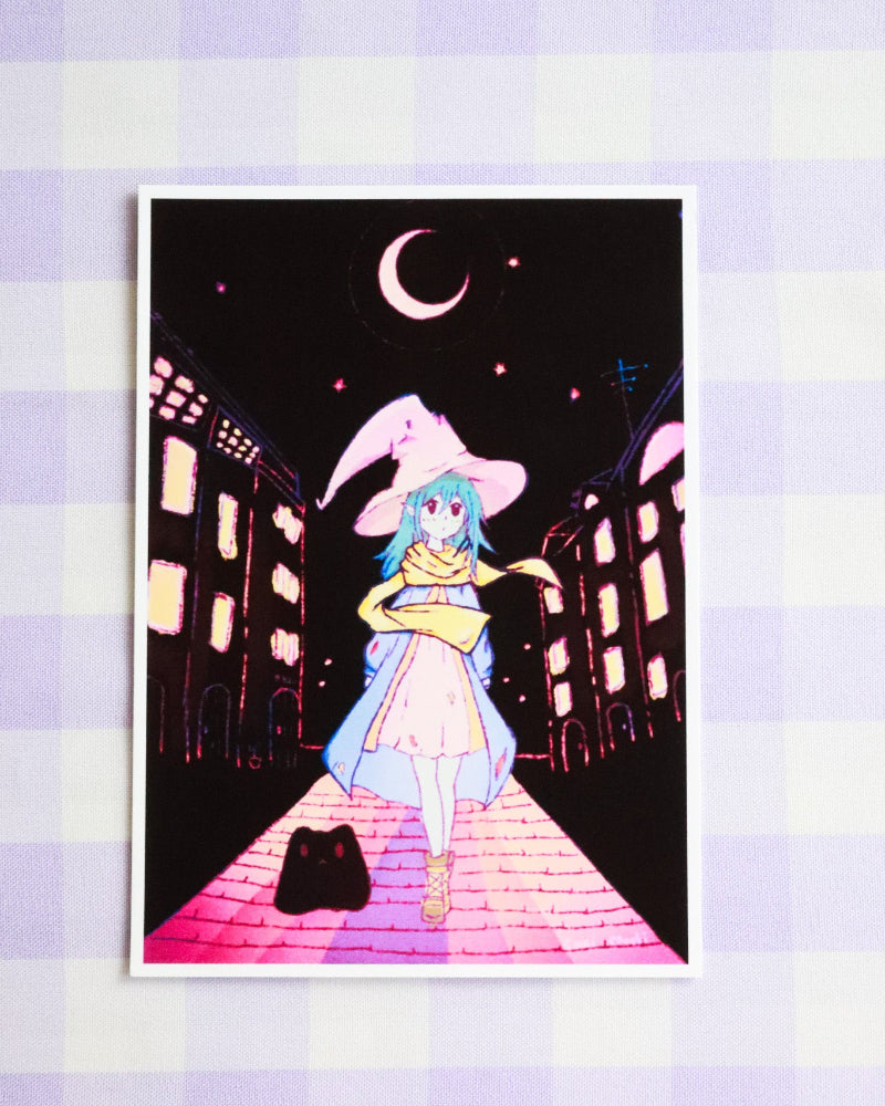 Illustration of a character with rabbit ears standing on a street at night, with a crescent moon in the sky.