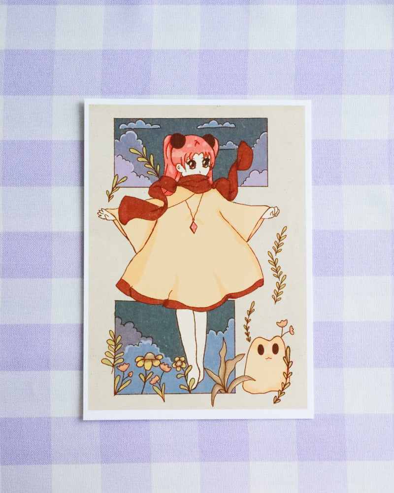 Illustration of a character with red hair and a cat-like creature on a purple checkered background