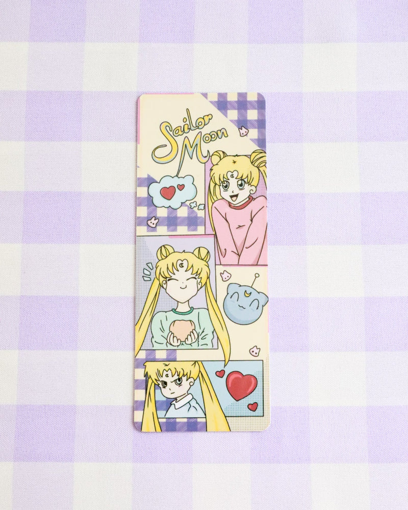 Sailor Moon character bookmark on a checkered background