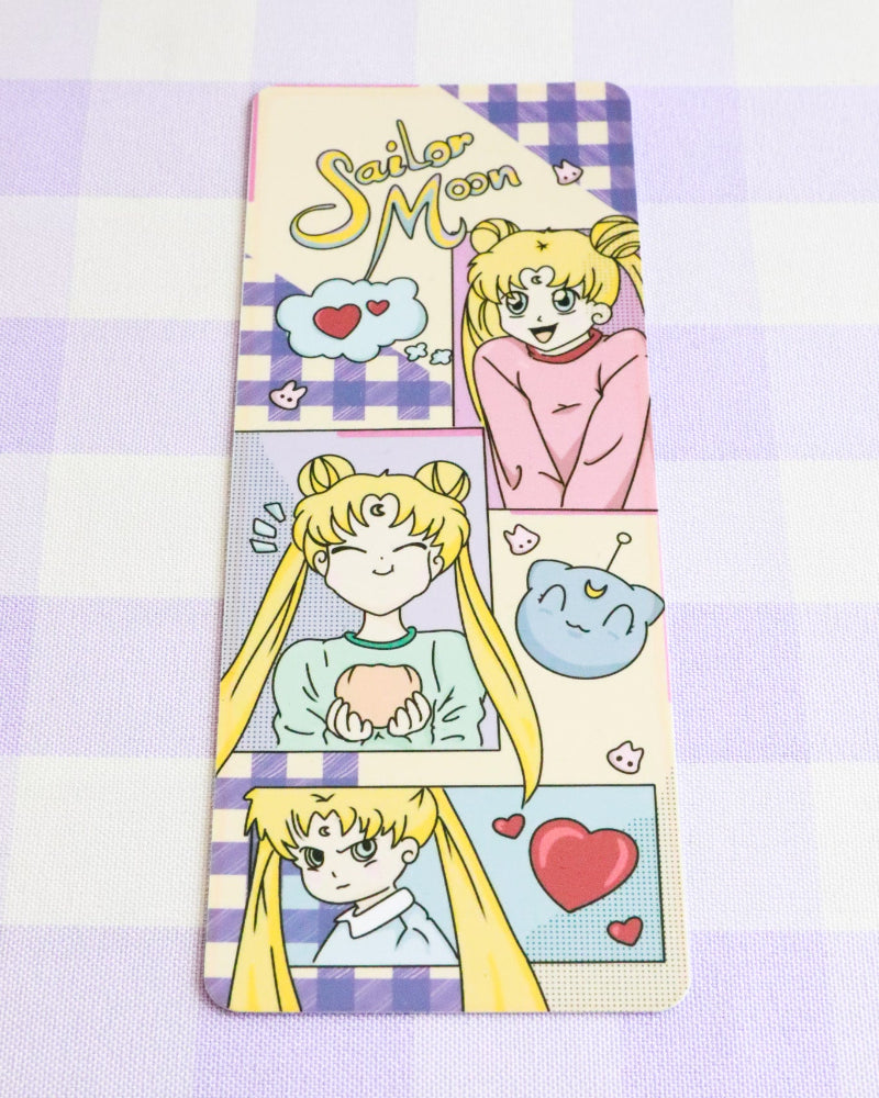 Sailor Moon-themed bookmarks on a checkered background