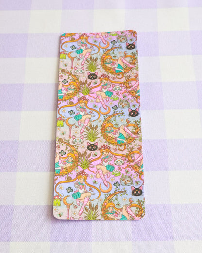 Colorful patterned phone case on a checkered background