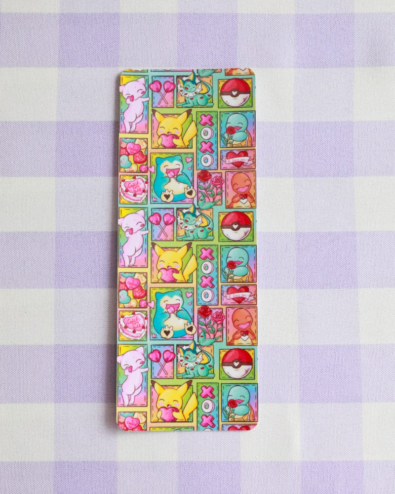 Phone case with colorful character designs on a purple and white checkered background