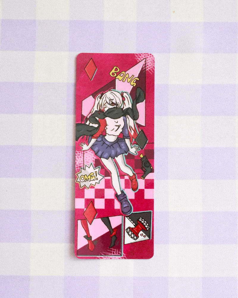 Card with a character design on a checkered background
