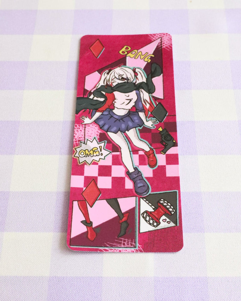 Card with a character design on a checkered background