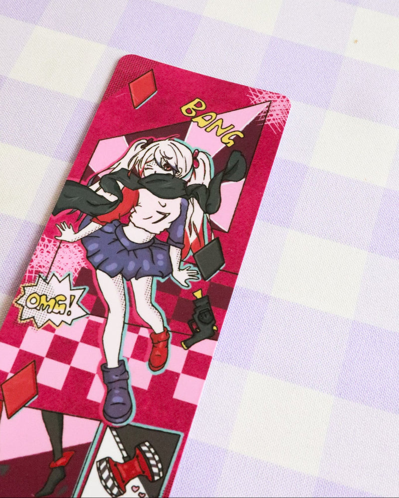 Cartoon character on a colorful card with checkered background