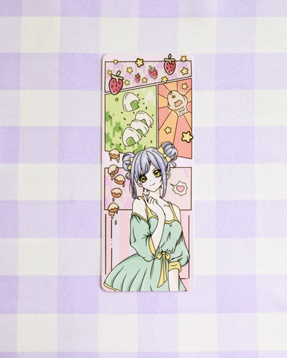 Cartoon character in a green dress on a checkered background