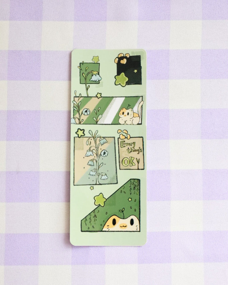 Set of cartoon-themed bookmarks on a purple and white checkered background