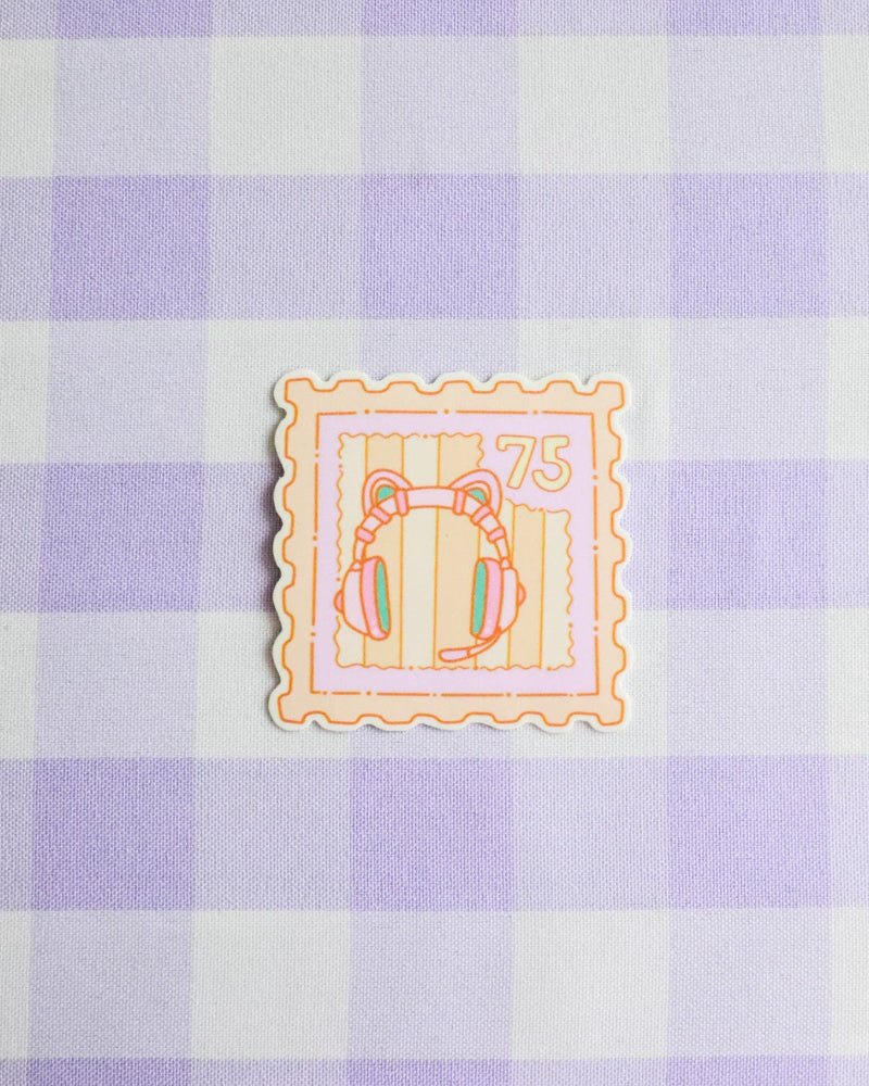 Decorative stamp with cartoon character on a purple and white checkered background