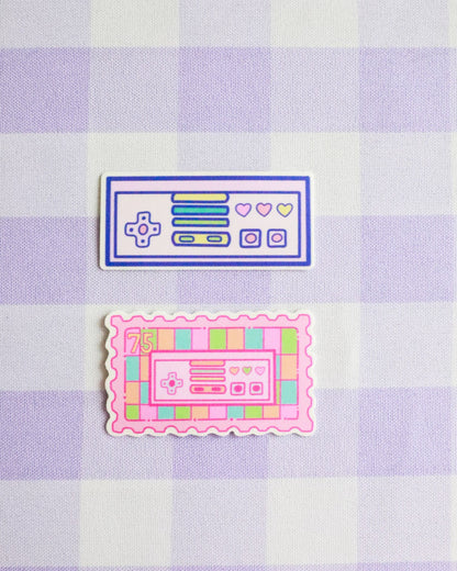 Two retro-style stickers on a purple and white checkered background