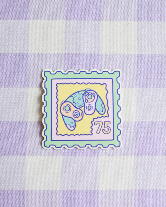 Decorative sticker with a fish design on a purple and white checkered fabric background