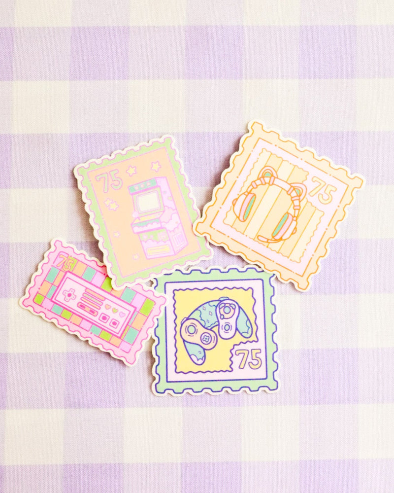 Set of colorful decorative stamps on a purple and white checkered background