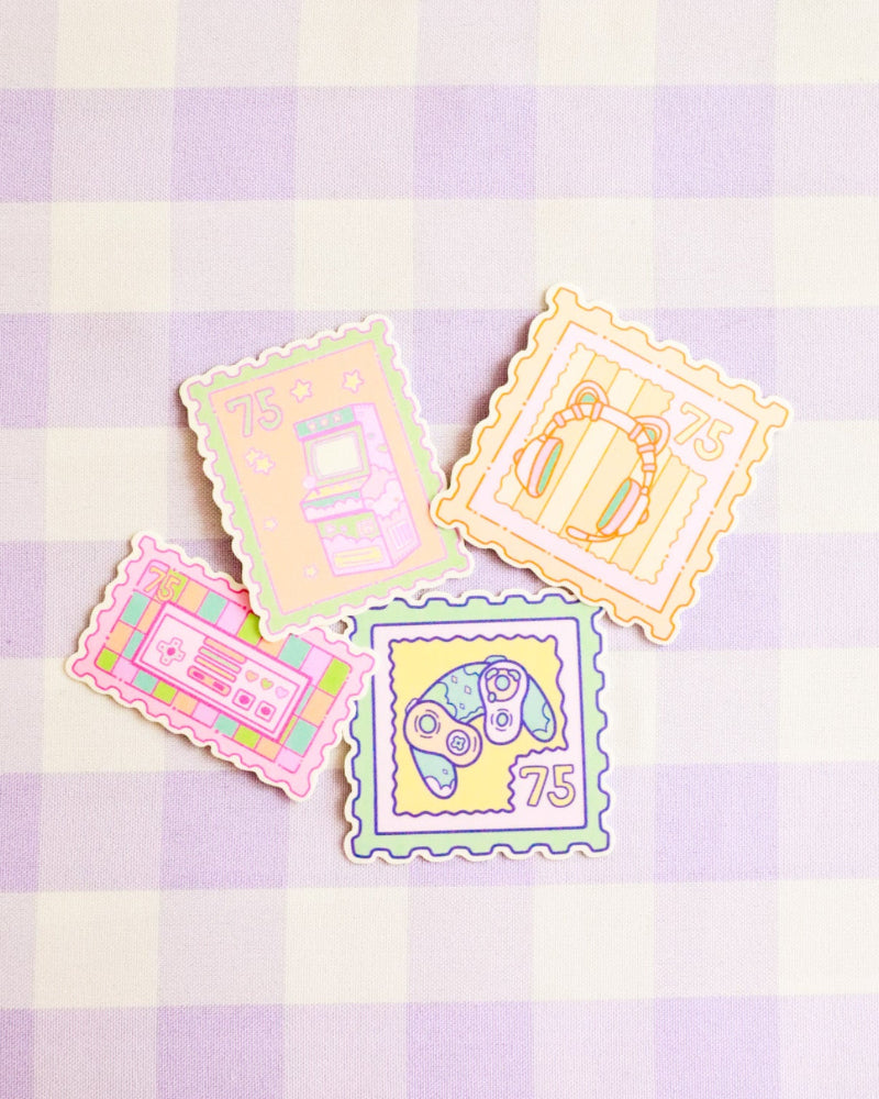 Set of colorful decorative stamps on a purple and white checkered background