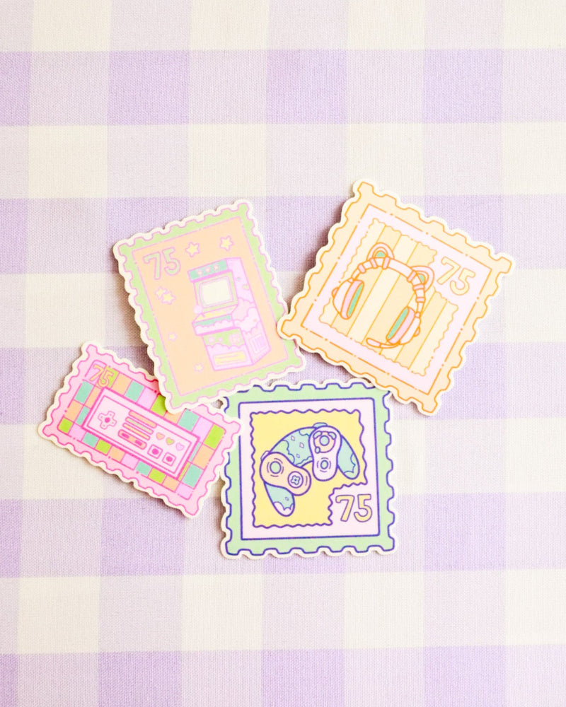 Set of colorful decorative stamps on a purple and white checkered background