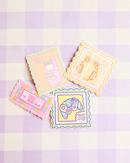 Set of colorful decorative stamps on a purple and white checkered background