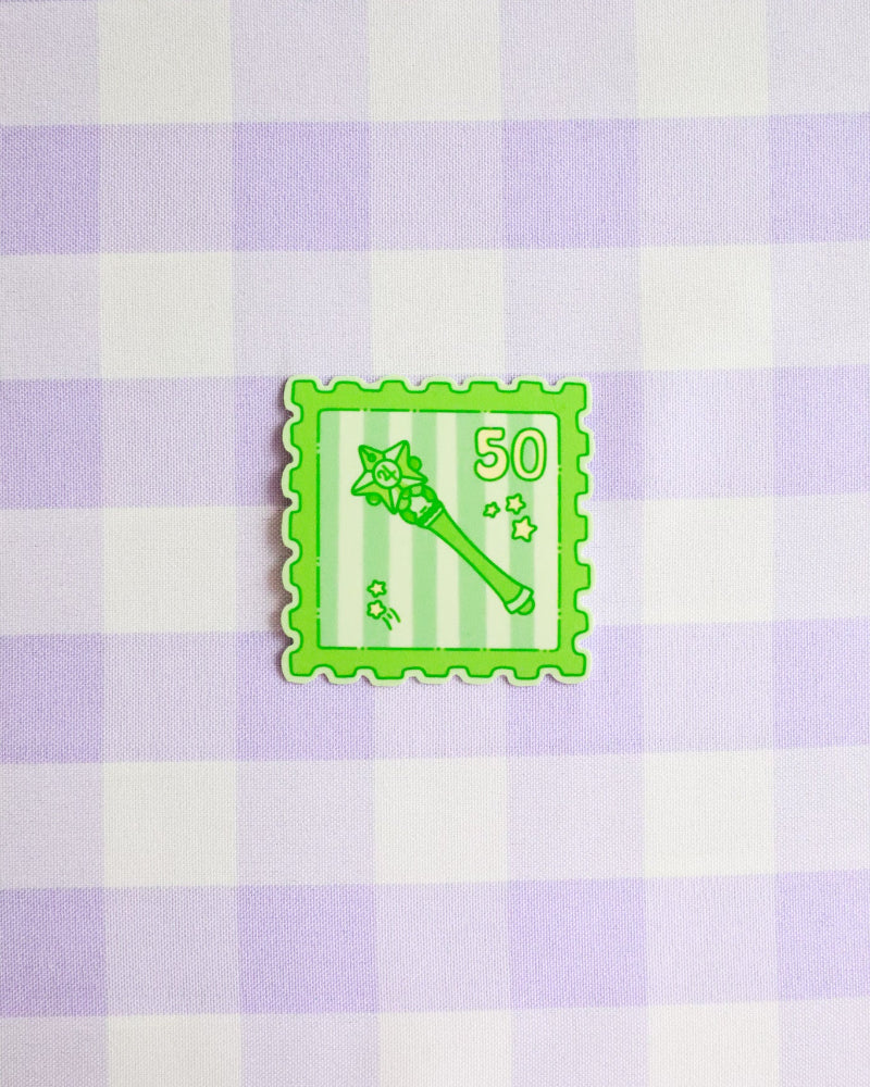 Green stamp icon with number 50 on a purple and white checkered background