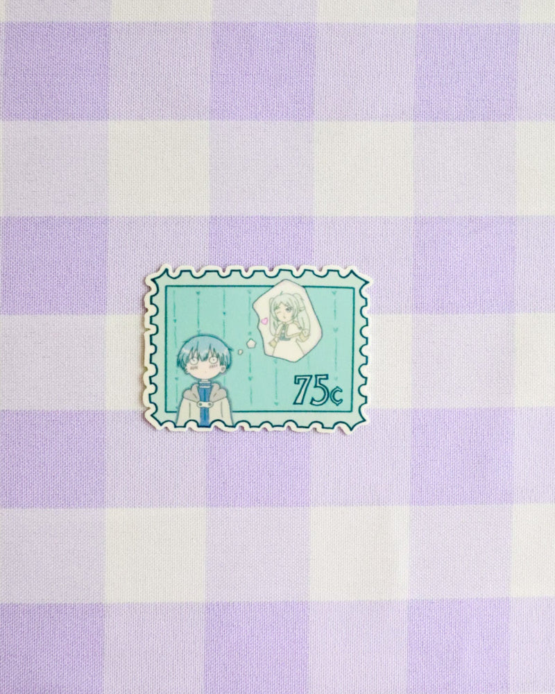 Checkered fabric with a cartoon character stamp on a purple and white checkered background