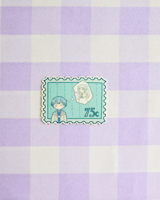 Checkered fabric with a cartoon character stamp on a purple and white checkered background