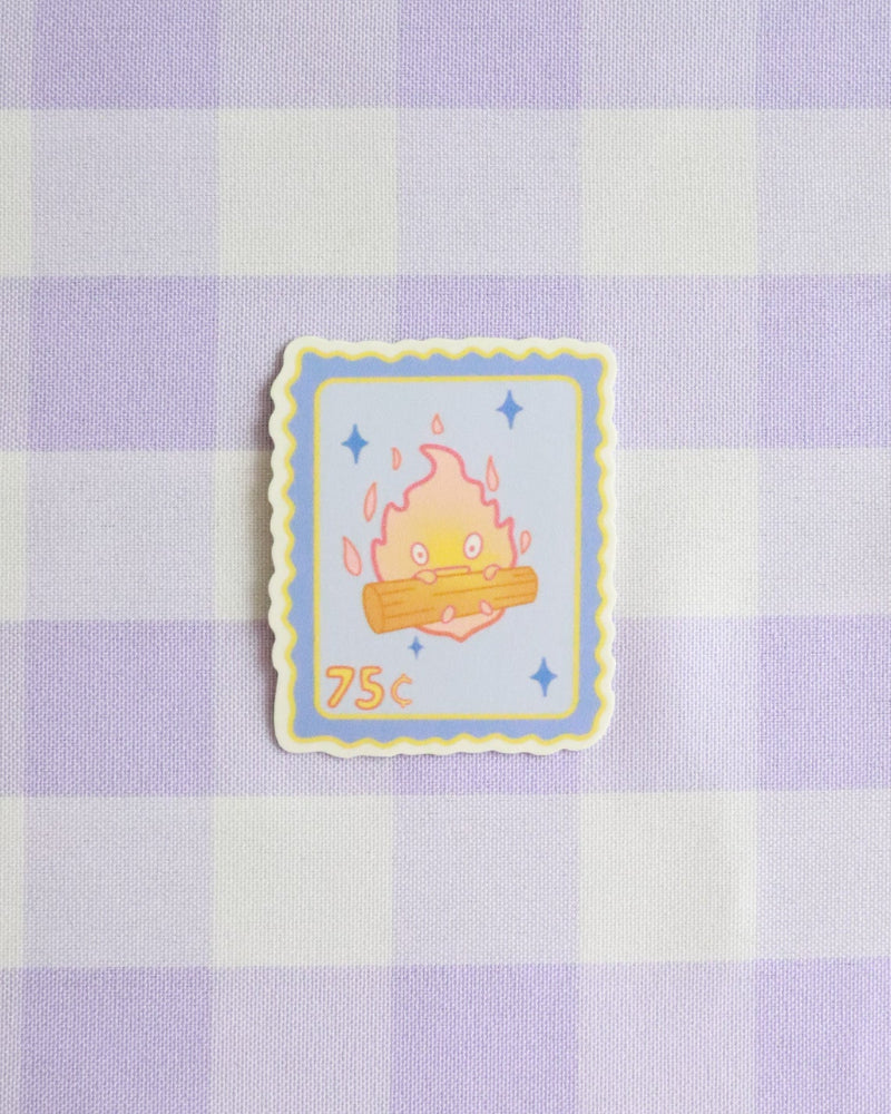 Stylized postage stamp on a purple and white checkered background