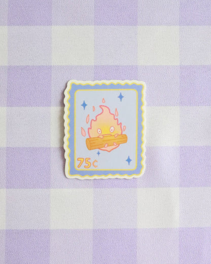 Stylized postage stamp on a purple and white checkered background