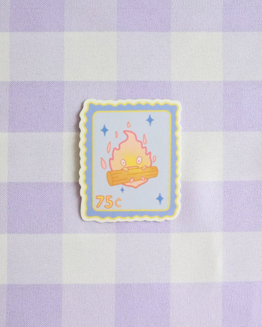 Stylized postage stamp on a purple and white checkered background