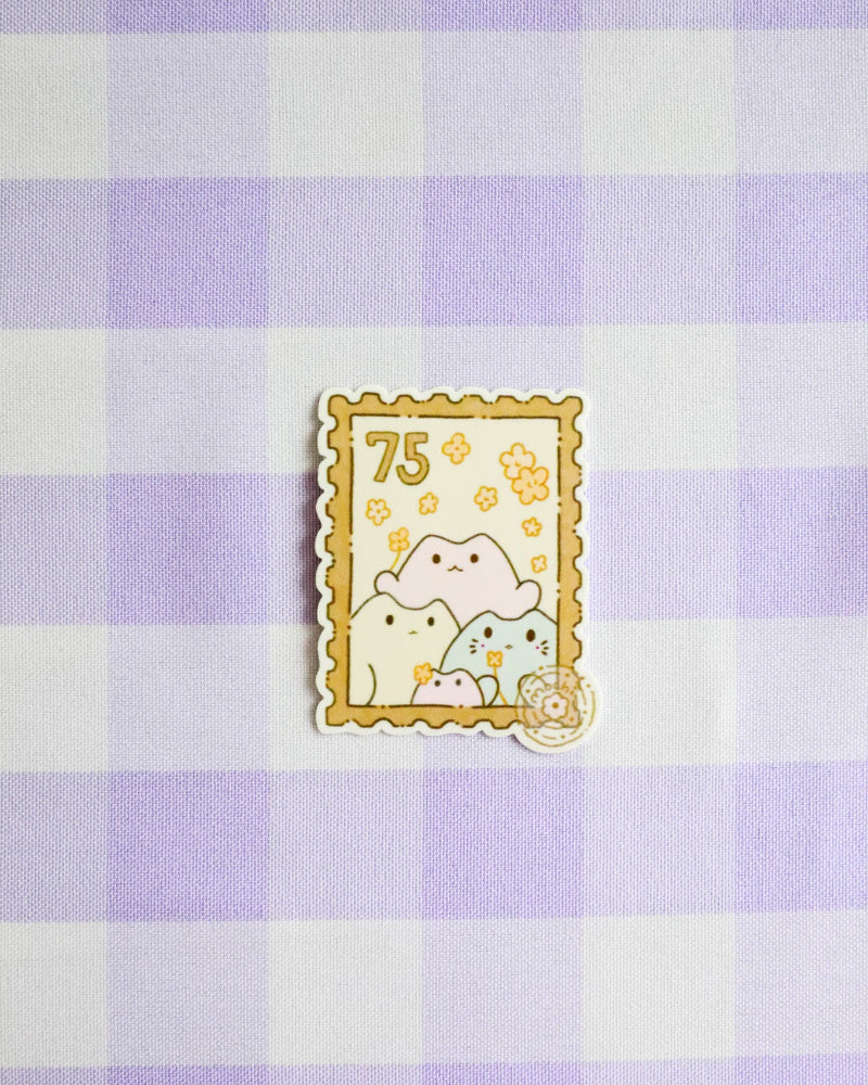 Decorative sticker with cartoon characters on a purple and white checkered background