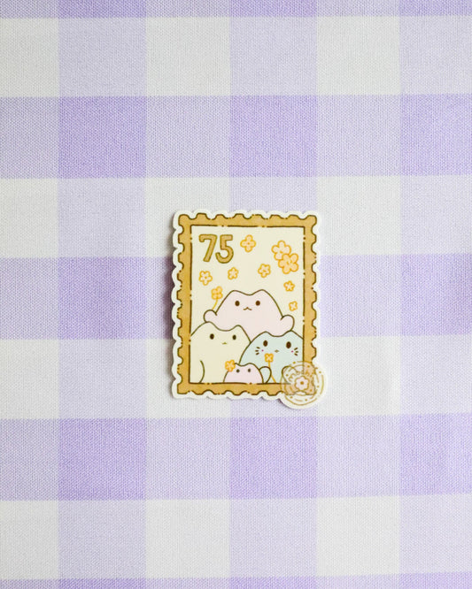 Decorative sticker with cartoon characters on a purple and white checkered background