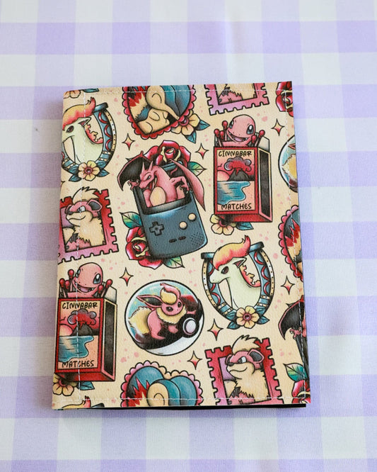 Notebook with cartoon character design on a purple checkered background