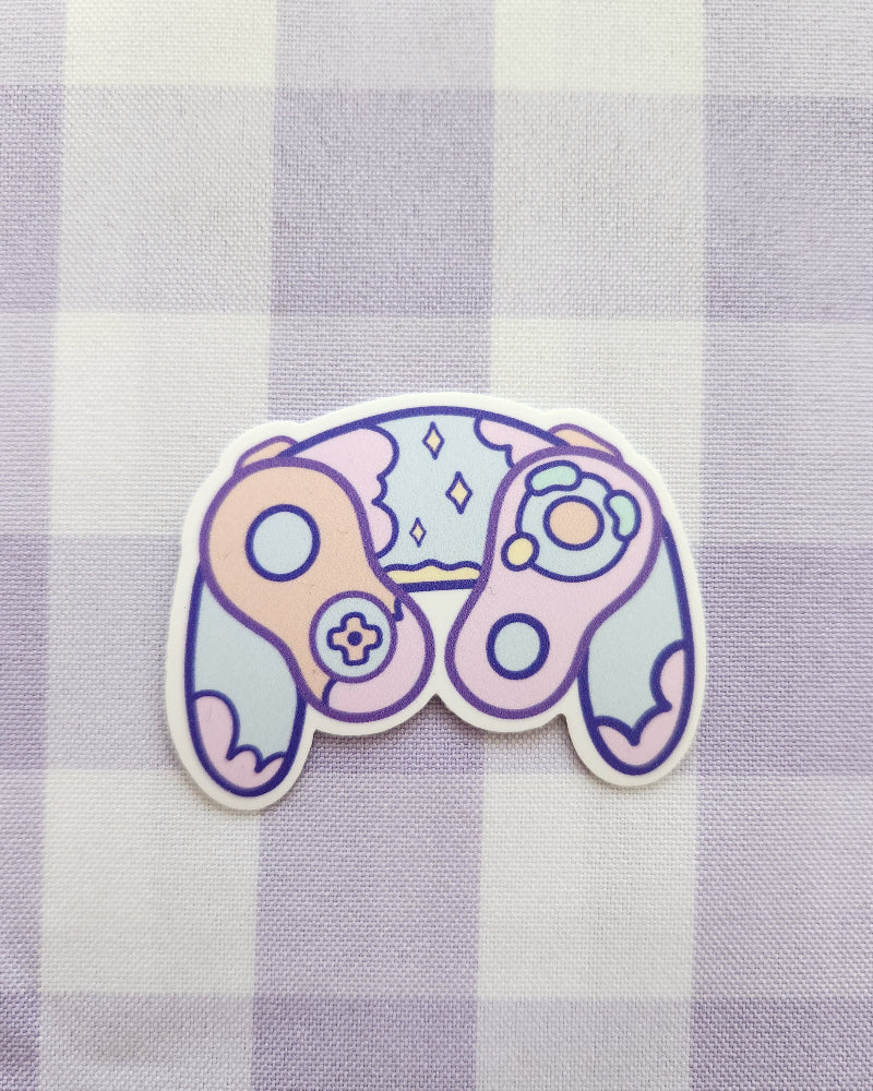 Colorful cartoon-style sticker on a purple and white checkered background