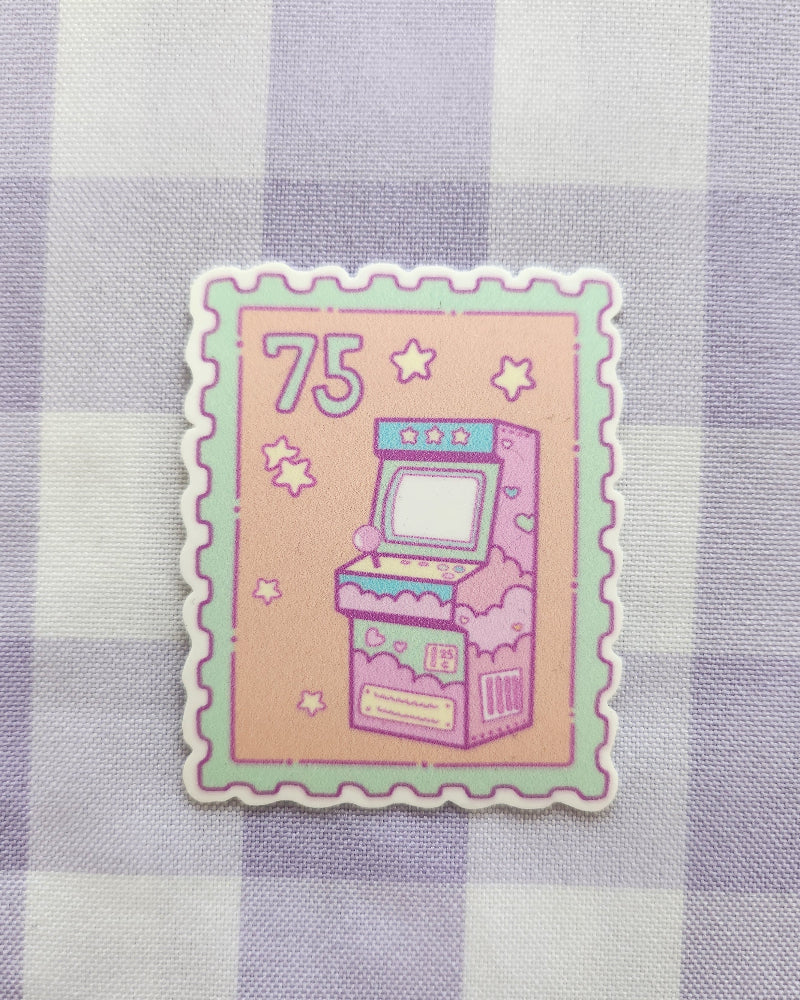 Sticker of a vintage radio on a checkered fabric background