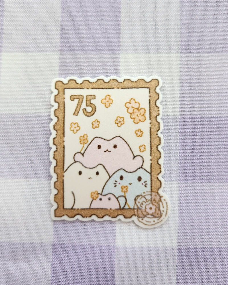 Decorative sticker with cartoon bear design on a purple checkered background